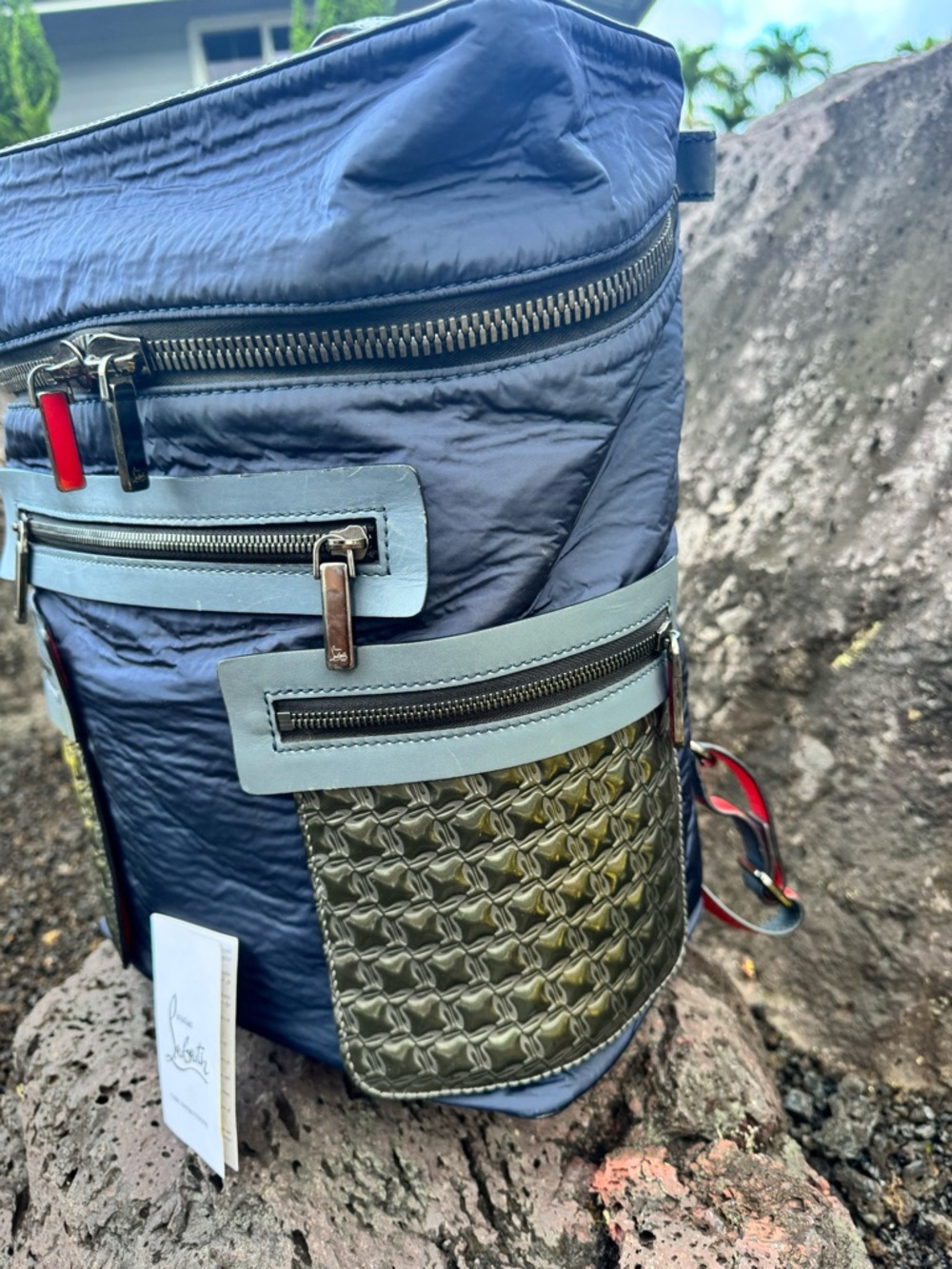Christian Louboutin Apoloubi Blue Nylon & Leather Textured Backpack - Picture 4 of 16